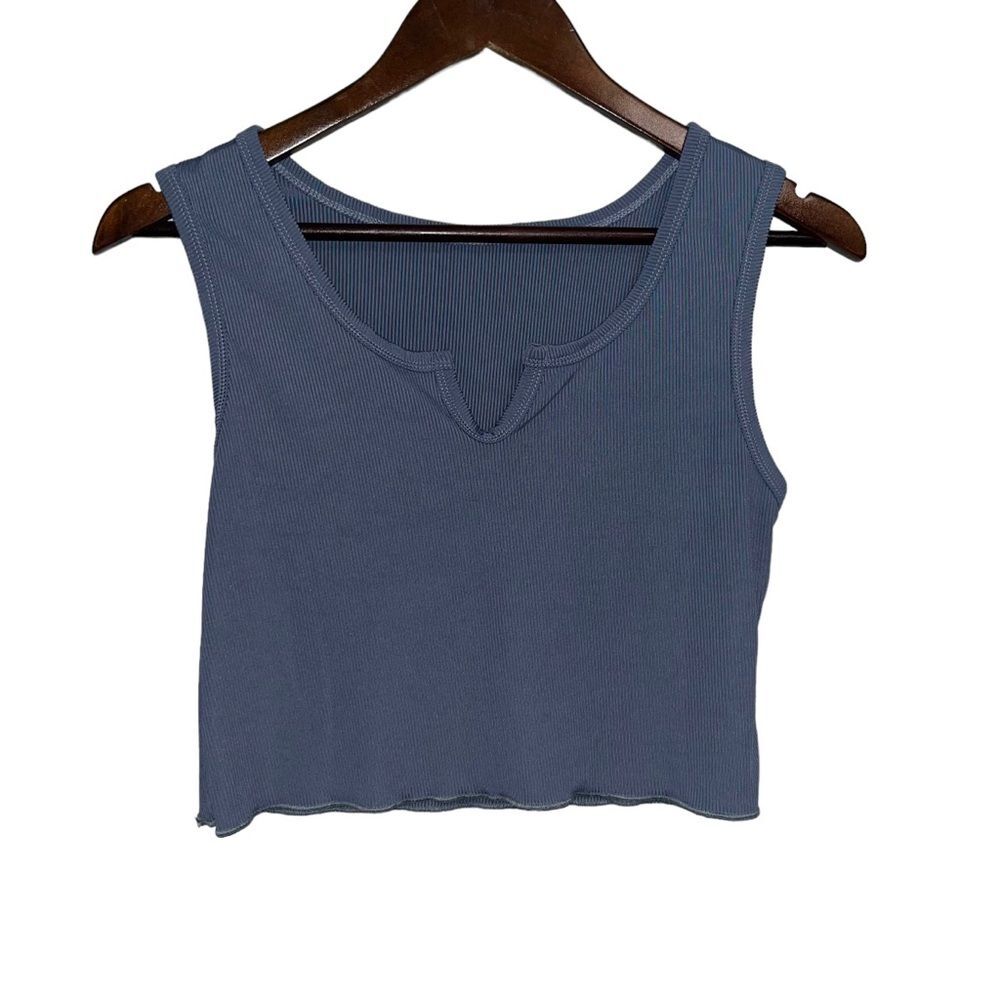 Romwe Blue Ribbed Cropped Tank Top